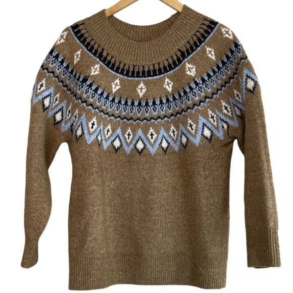 Rickis Fair Isle Pattern Mock Neck Sweater Camel Tan Blue Wool Blend Size L - Picture 11 of 11